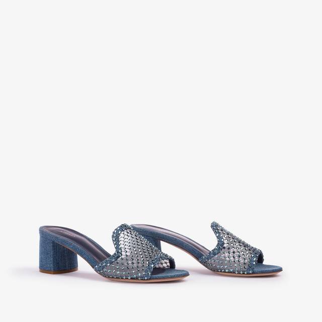 Le Silla Sandalo Mule Gioiello Rete Blu Denim Con Cristalli