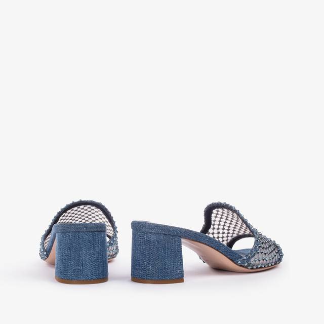 Le Silla Sandalo Mule Gioiello Rete Blu Denim Con Cristalli