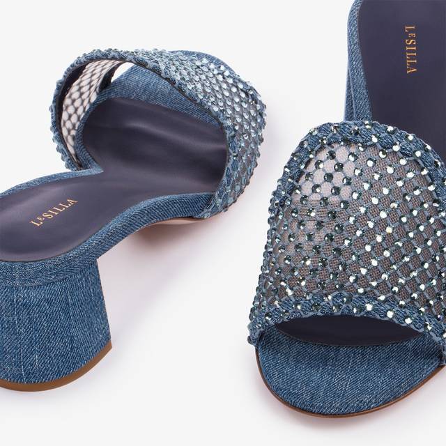 Le Silla Sandalo Mule Gioiello Rete Blu Denim Con Cristalli