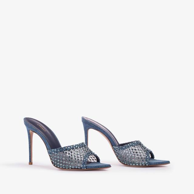 Le Silla Sandalo Mule Gioiello Rete Blu Denim Con Cristalli