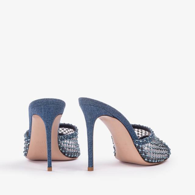 Le Silla Sandalo Mule Gioiello Rete Blu Denim Con Cristalli