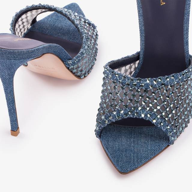 Le Silla Sandalo Mule Gioiello Rete Blu Denim Con Cristalli