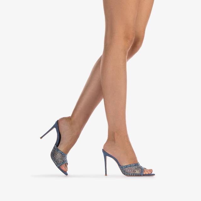 Le Silla Sandalo Mule Gioiello Rete Blu Denim Con Cristalli