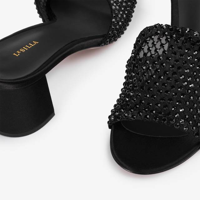 Le Silla Sandalo Mule Gioiello Rete Nero Jet Con Cristalli