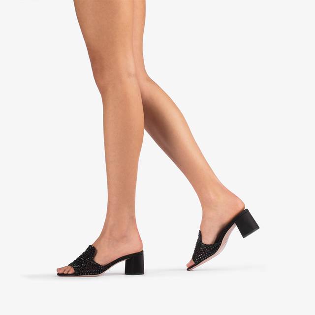 Le Silla Sandalo Mule Gioiello Rete Nero Jet Con Cristalli