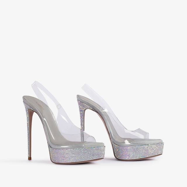 Le Silla Sandalo Slingback Con Plateau Plexy E Cristalli Argento