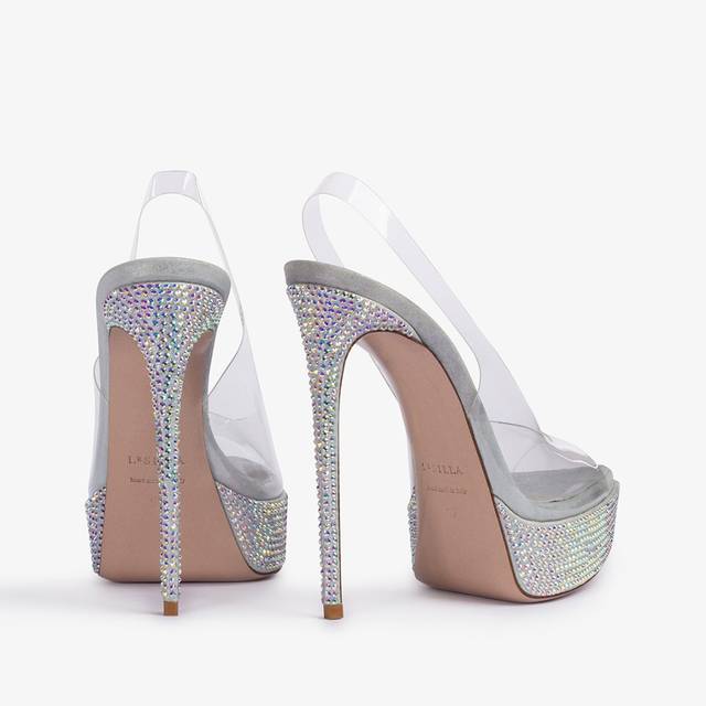 Le Silla Sandalo Slingback Con Plateau Plexy E Cristalli Argento
