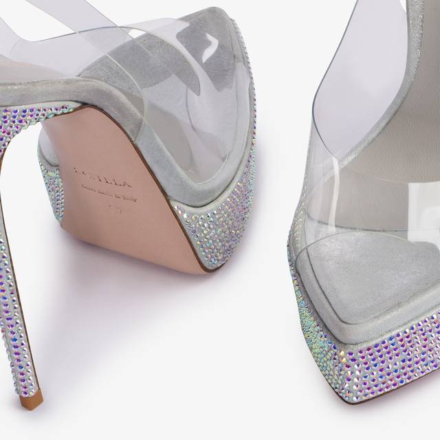 Le Silla Sandalo Slingback Con Plateau Plexy E Cristalli Argento