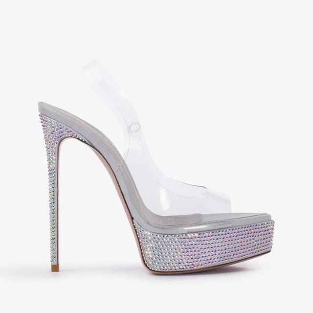 Le Silla Sandalo slingback con plateau plexy e Cristalli argento