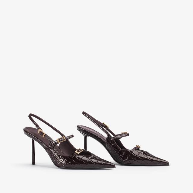 Le Silla Slingback Con Listini Stampa Coccodrillo Marrone Fondente