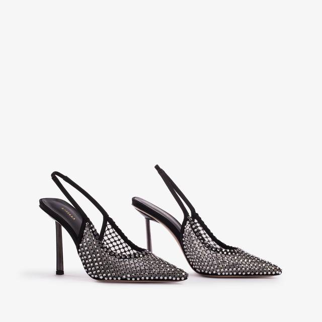 Le Silla Slingback Gioiello Rete Nera E Cristalli Argento