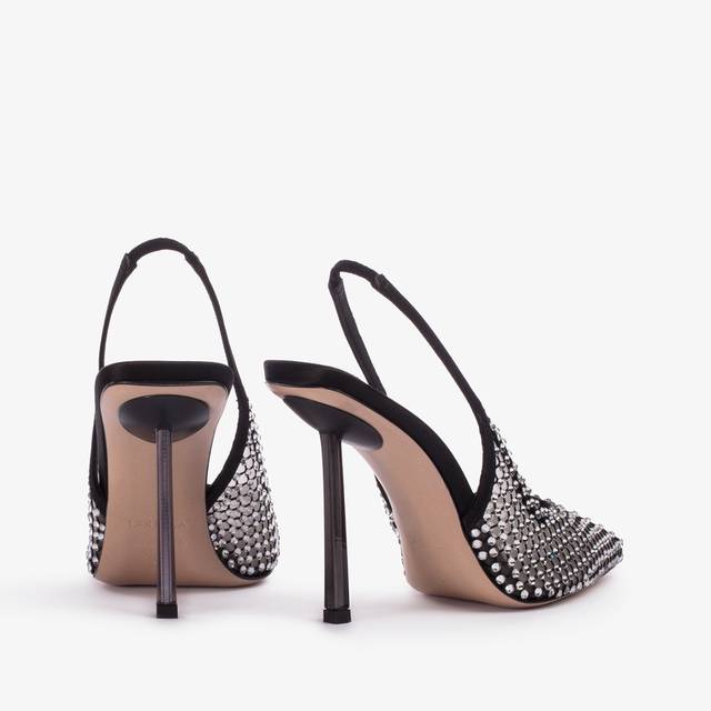 Le Silla Slingback Gioiello Rete Nera E Cristalli Argento
