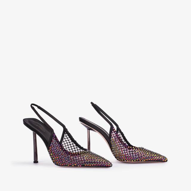Le Silla Slingback Gioiello Rete Nera E Cristalli Iridescenti
