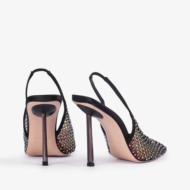 Le Silla Slingback Gioiello Rete Nera E Cristalli Iridescenti