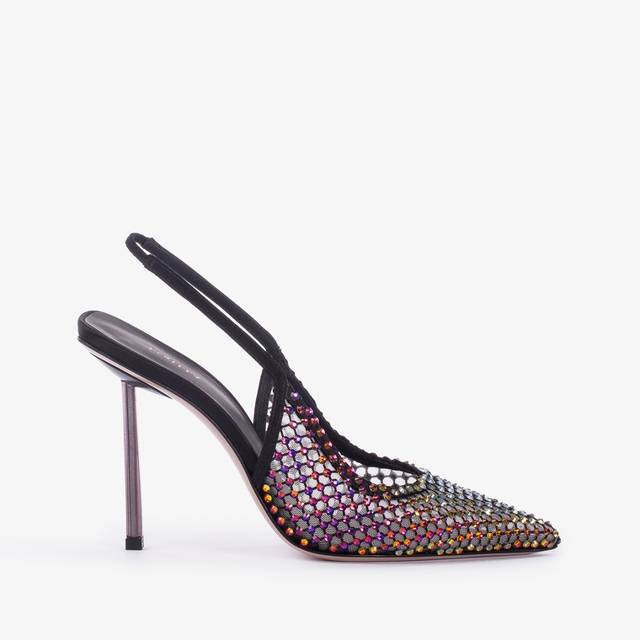 Le Silla Slingback gioiello rete nera e Cristalli iridescenti