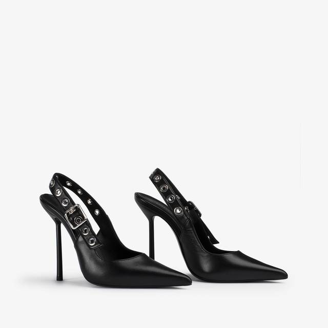 Le Silla Slingback Pelle Nera Con Occhielli Argento