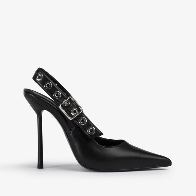 Le Silla Slingback pelle nera con occhielli argento