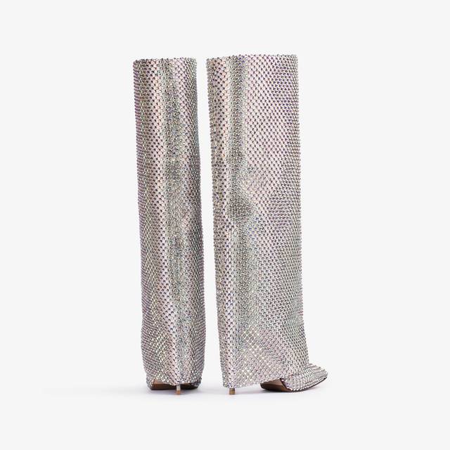 Le Silla Stivale Al Ginocchio Con Risvolto Rete E Cristalli Argento Eclissi