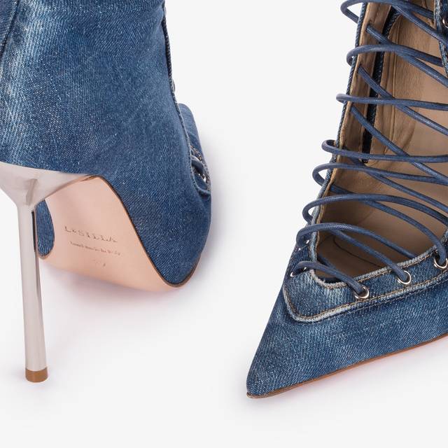 Le Silla Stivale Al Ginocchio Con Stringhe Denim Blu