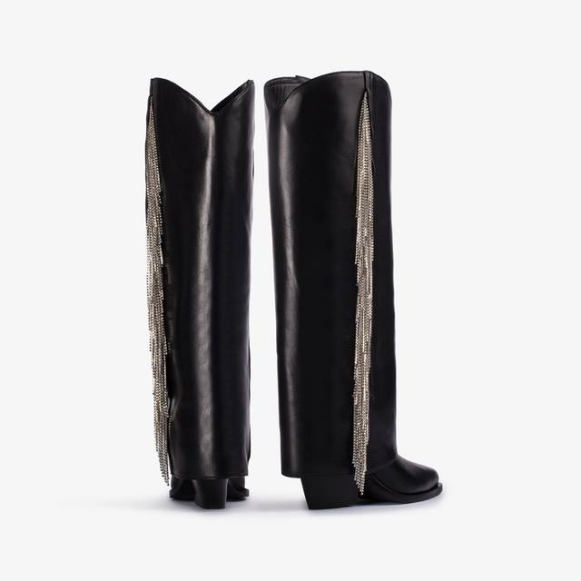 Le Silla Stivale Al Ginocchio D'ispirazione Western Con Risvolto Nappa Nera Con Frange Argento