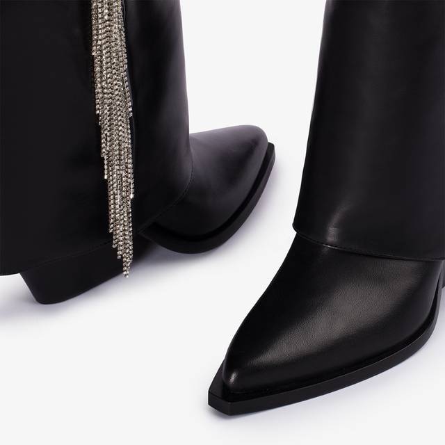 Le Silla Stivale Al Ginocchio D'ispirazione Western Con Risvolto Nappa Nera Con Frange Argento