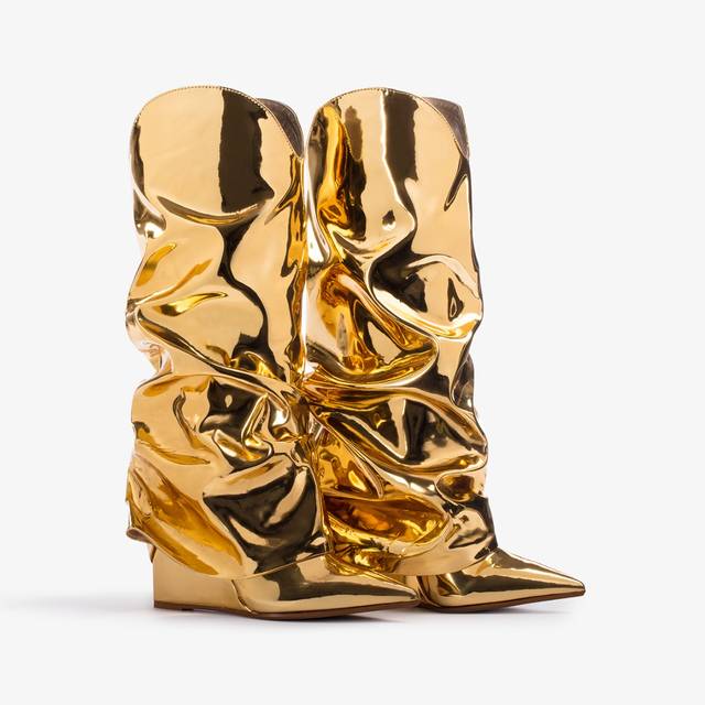 Le Silla Stivale Al Ginocchio D'ispirazione Western Con Risvolto Metallizzato Oro Pepita