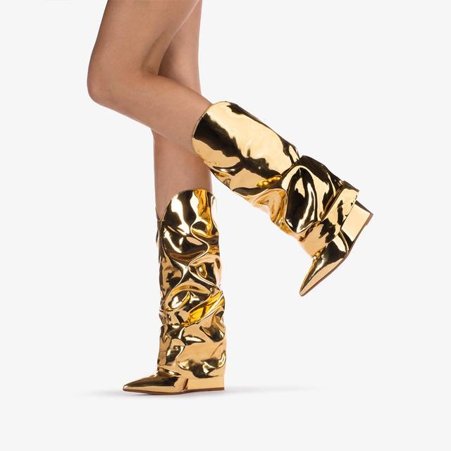 Le Silla Stivale Al Ginocchio D'ispirazione Western Con Risvolto Metallizzato Oro Pepita