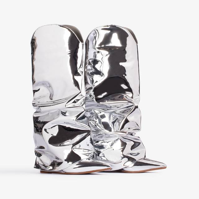 Le Silla Stivale Al Ginocchio D'ispirazione Western Con Risvolto Metallizzato Argento
