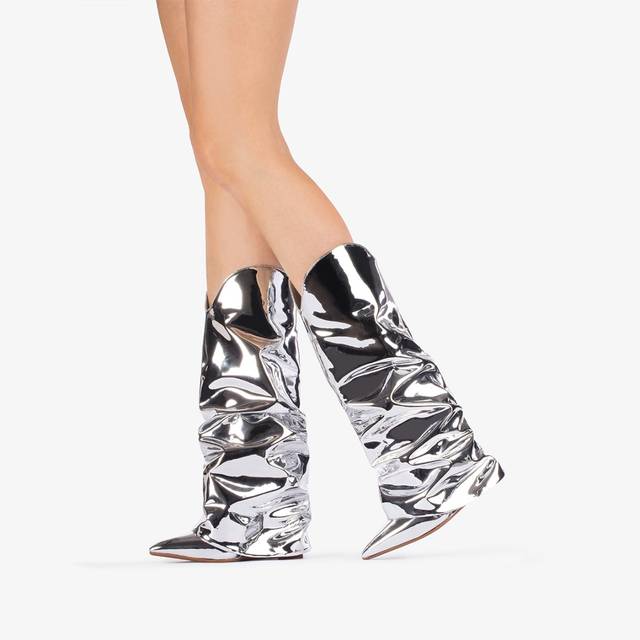 Le Silla Stivale Al Ginocchio D'ispirazione Western Con Risvolto Metallizzato Argento