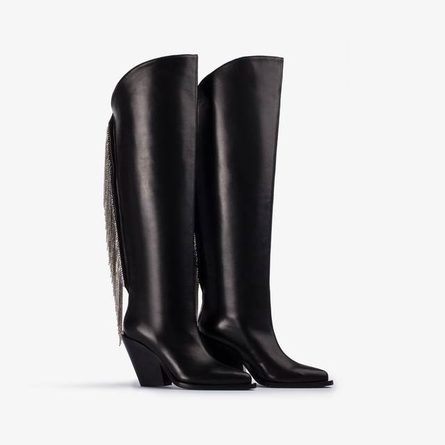 Le Silla Stivale Al Ginocchio D'ispirazione Western Nappa Nera Con Frange Argento