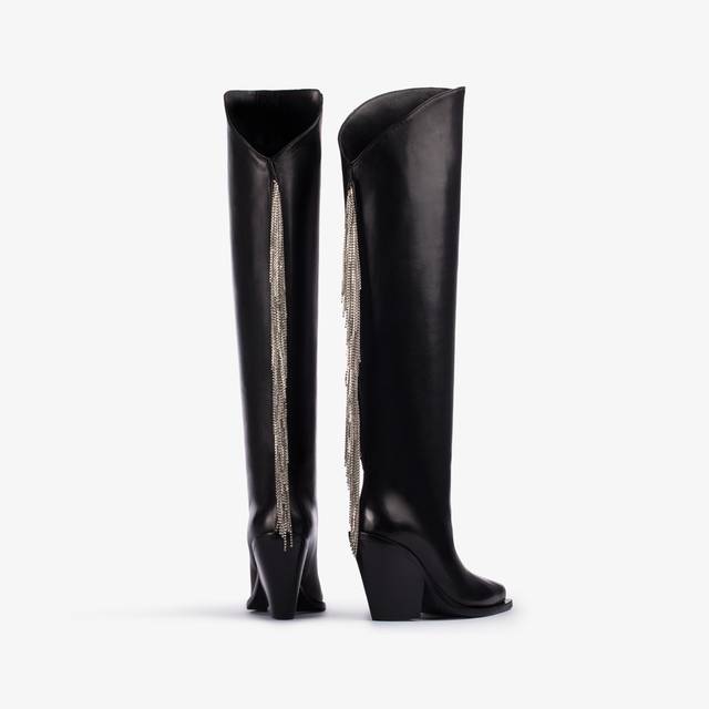 Le Silla Stivale Al Ginocchio D'ispirazione Western Nappa Nera Con Frange Argento