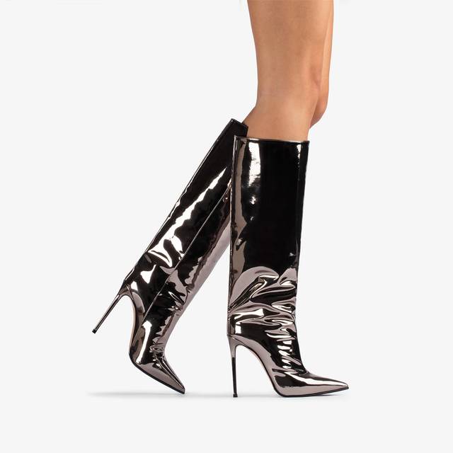 Le Silla Stivale Al Ginocchio Raso Metallizzato Peltro