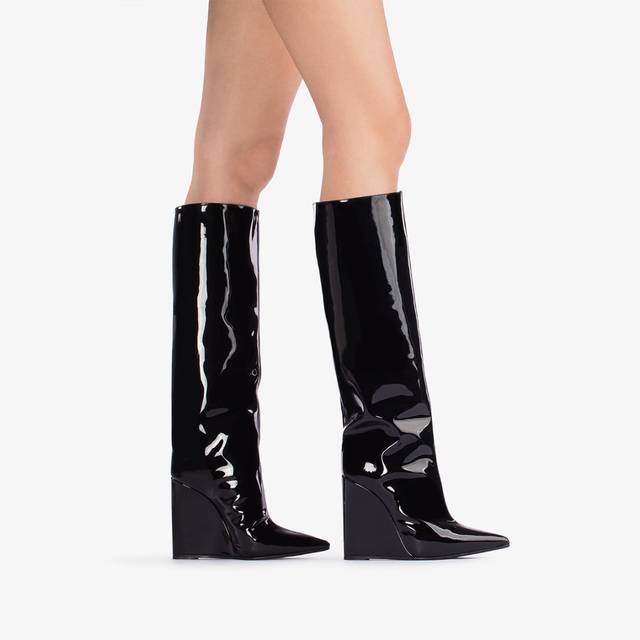 Le Silla Stivale Al Ginocchio Vernice Nero Con Zeppa
