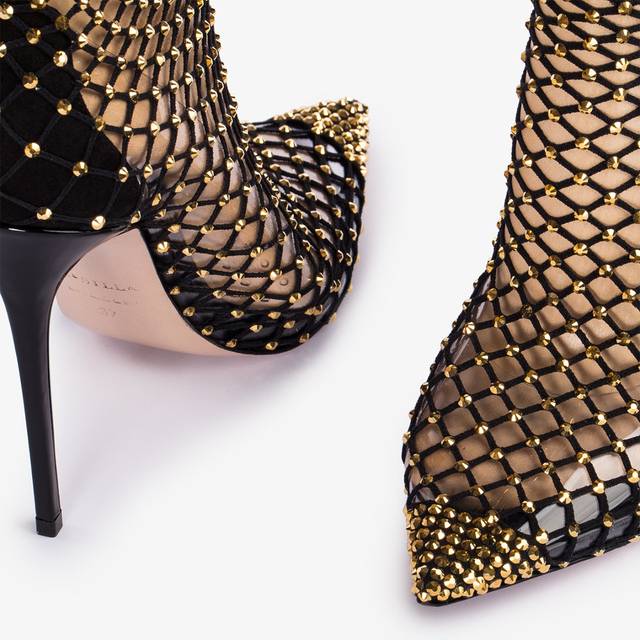 Le Silla Stivale Sopra Il Ginocchio Calza Nera E Cristalli Oro