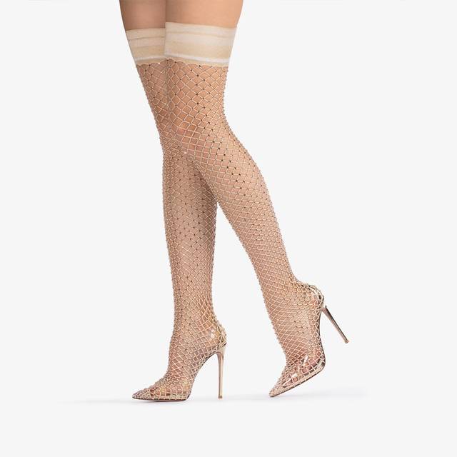 Le Silla Stivale Sopra Il Ginocchio Calza Platino Con Cristalli