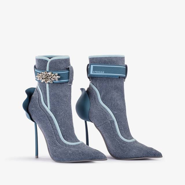 Le Silla Stivaletto Denim Stretch Blu Con Cristalli Argento