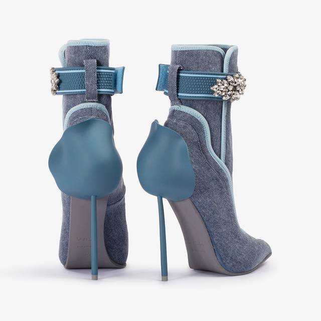 Le Silla Stivaletto Denim Stretch Blu Con Cristalli Argento