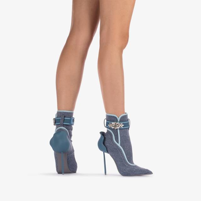 Le Silla Stivaletto Denim Stretch Blu Con Cristalli Argento
