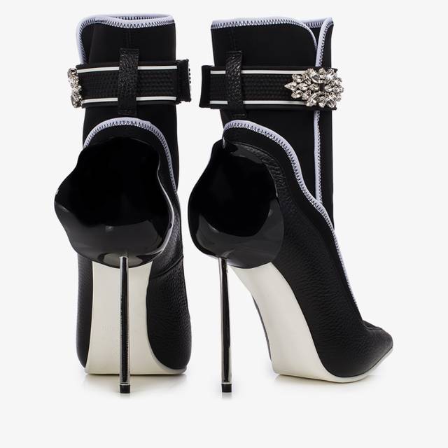 Le Silla Stivaletto Pelle E Tessuto Nero Con Cristalli Argento