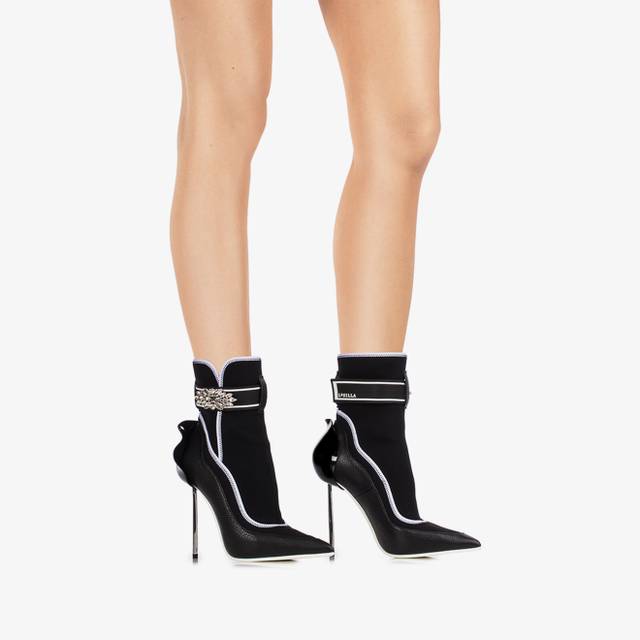 Le Silla Stivaletto Pelle E Tessuto Nero Con Cristalli Argento