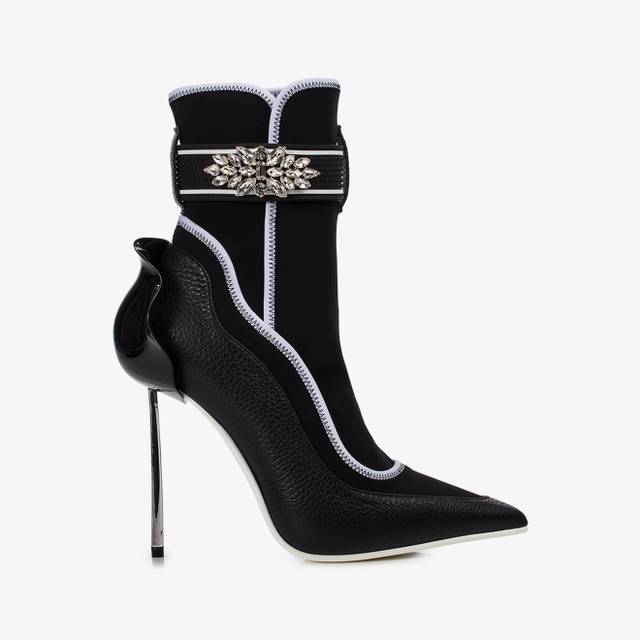 Le Silla Stivaletto pelle e tessuto nero con Cristalli argento