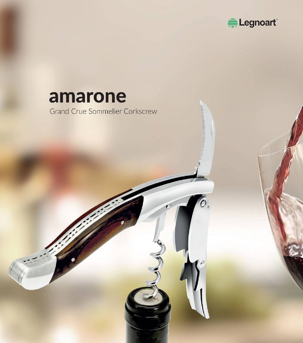 Legnoart AMARONE Cavatappi professionale per sommelier in acciaio inossidabile con vite professionale e doppia leva