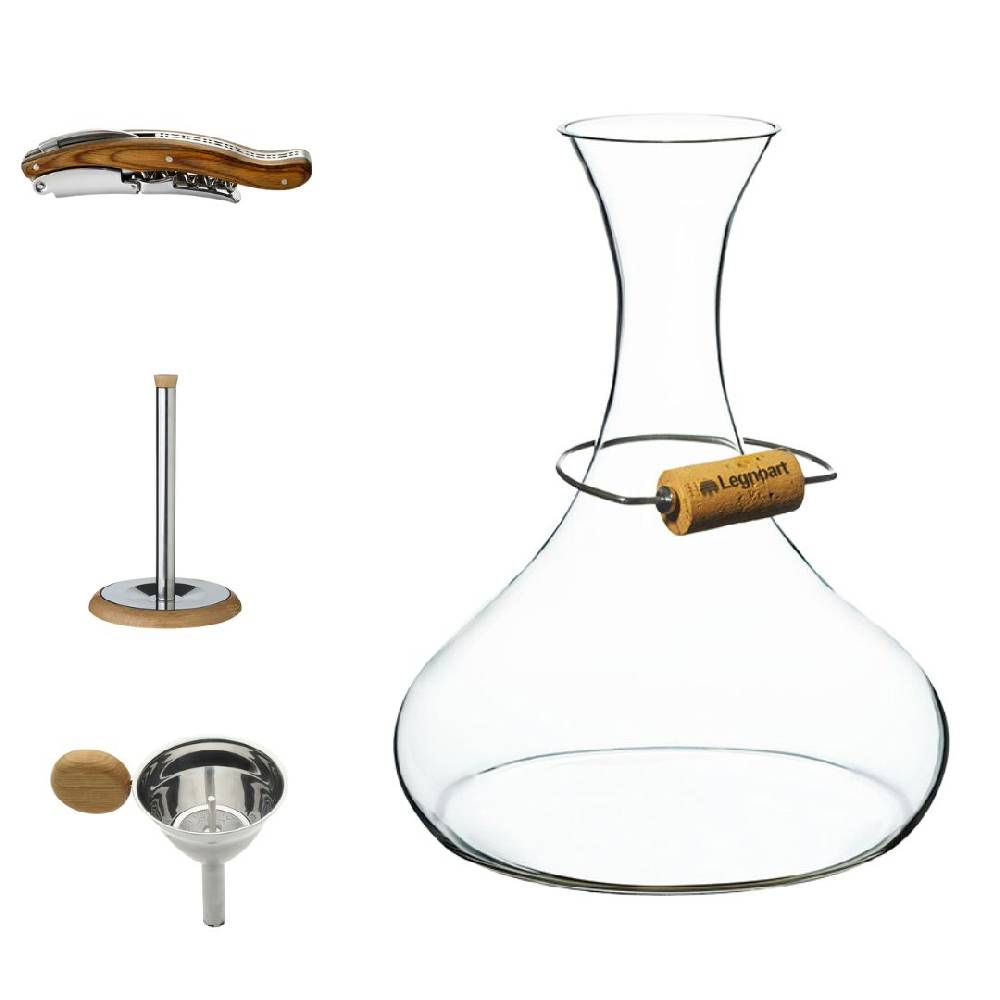 Legnoart Collezione Maestro Sommelier Set Vino Completo: Decanter in cristallo con anello presentatappo + Asciuga decanter con base in rovere + Imbuto per la decantazione con filtro + Cavatappi professionale