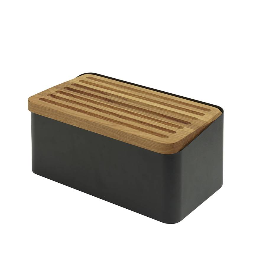 Legnoart Crispy Cassetta pane in metallo con corpo nero e tagliere removibile in legno di rovere