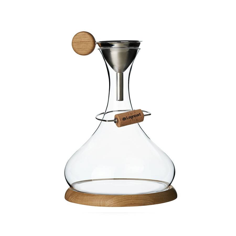 Legnoart LANGHE Set decanter completo di decanter in cristallo soffiato senza piombo, base in rovere, imbuto, asciuga decanter, anello presentatappo e cassa in legno