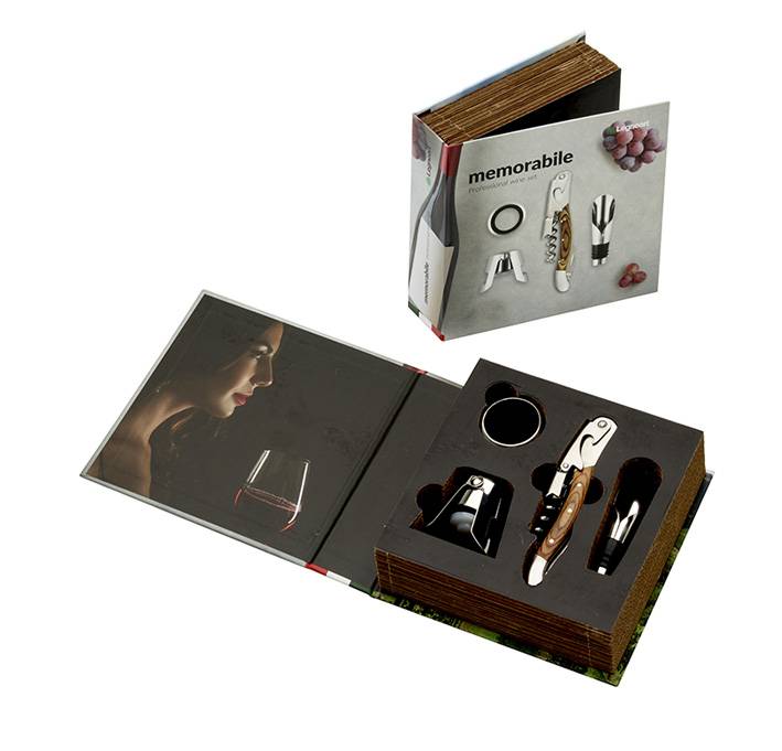 Legnoart Memorabile Set degustazione per gli amanti del vino completo di cavatappi, tappo Champagne, salvagoccia e tappo versatore