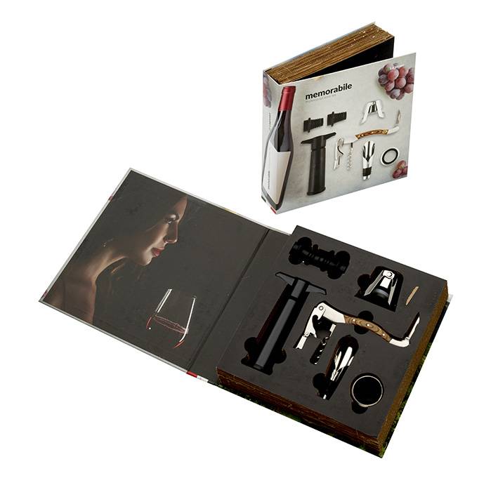 Legnoart MEMORABILE Set degustazione per gli amanti del vino completo di cavatappi Roero , tappo Champagne, salvagoccia, tappo versatore e preservavino con tappi in silicone