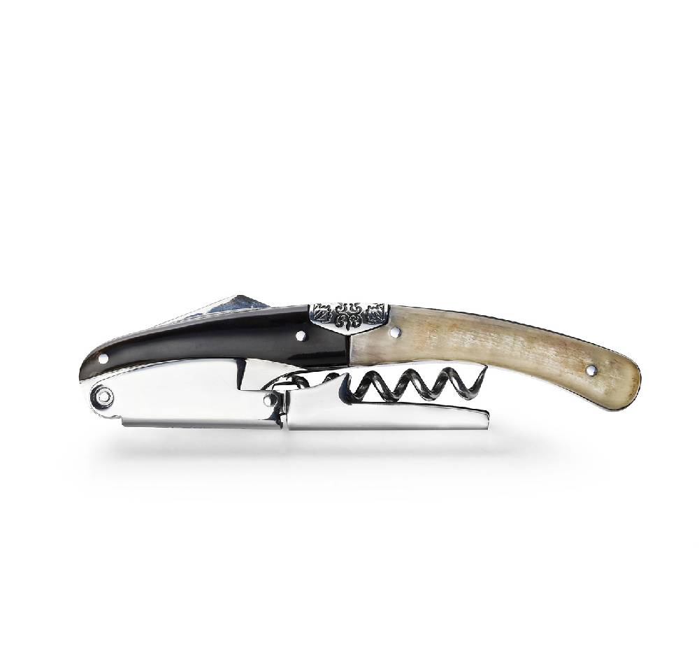 Legnoart Primitivo Cavatappi professionale per sommelier in acciaio inossidabile con vite professionale e doppia leva, impugnatura in corno di bufalo e montone