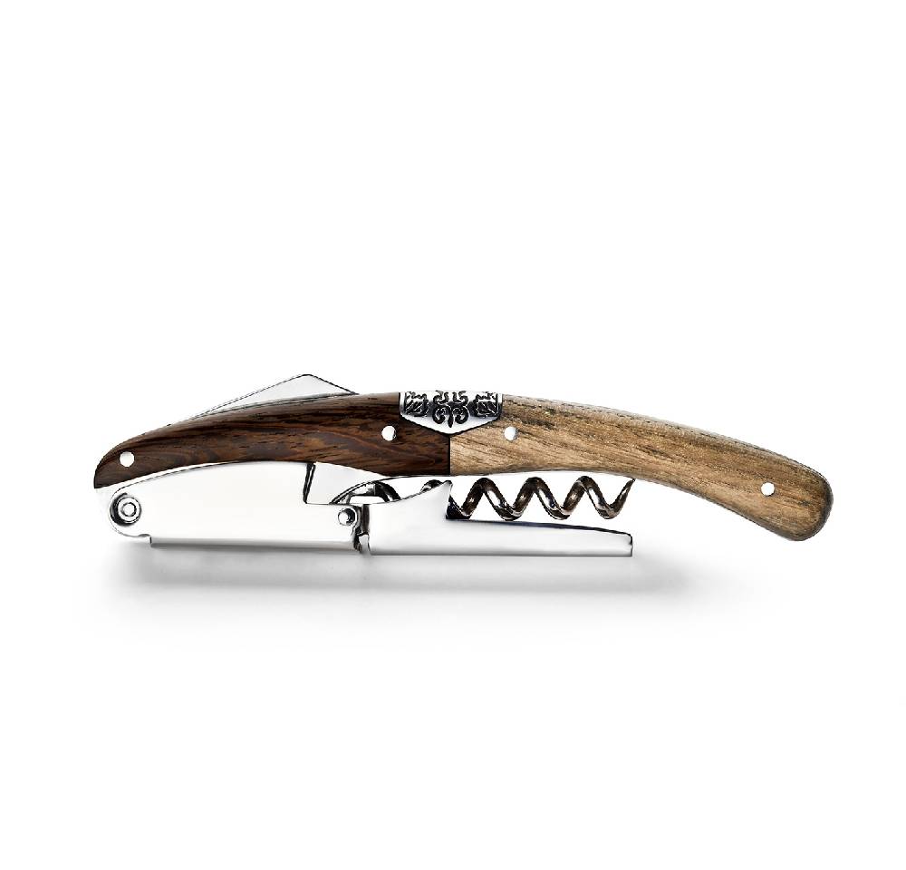 Legnoart Primitivo Cavatappi professionale per sommelier in acciaio inossidabile con vite professionale e doppia leva, impugnatura in legno di rovere massello e wengé