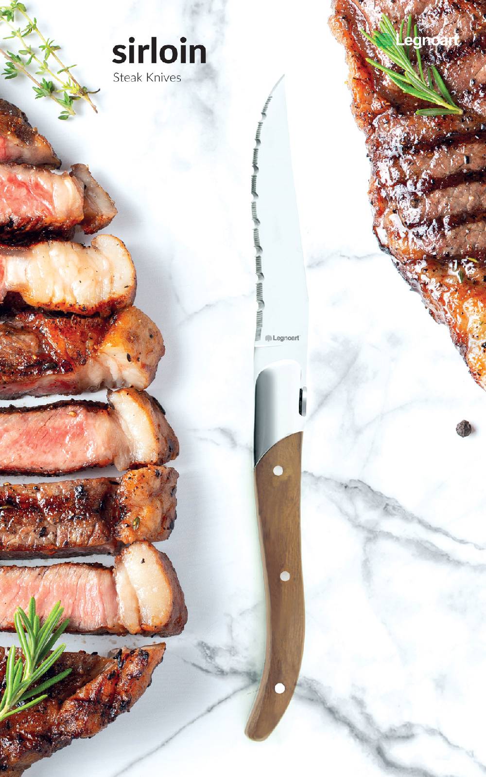 Legnoart SIRLOIN Set 4 coltelli da bistecca con manico in legno chiaro , incisione artistica sul dorso e finitura a specchio